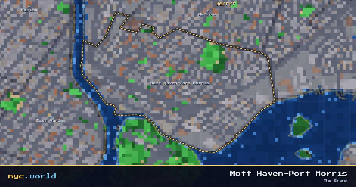 pixel-art map of Mott Haven-Port Morris, The Bronx on nyc.world