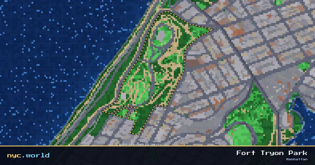 pixel-art map of Fort Tryon Park, Manhattan on nyc.world