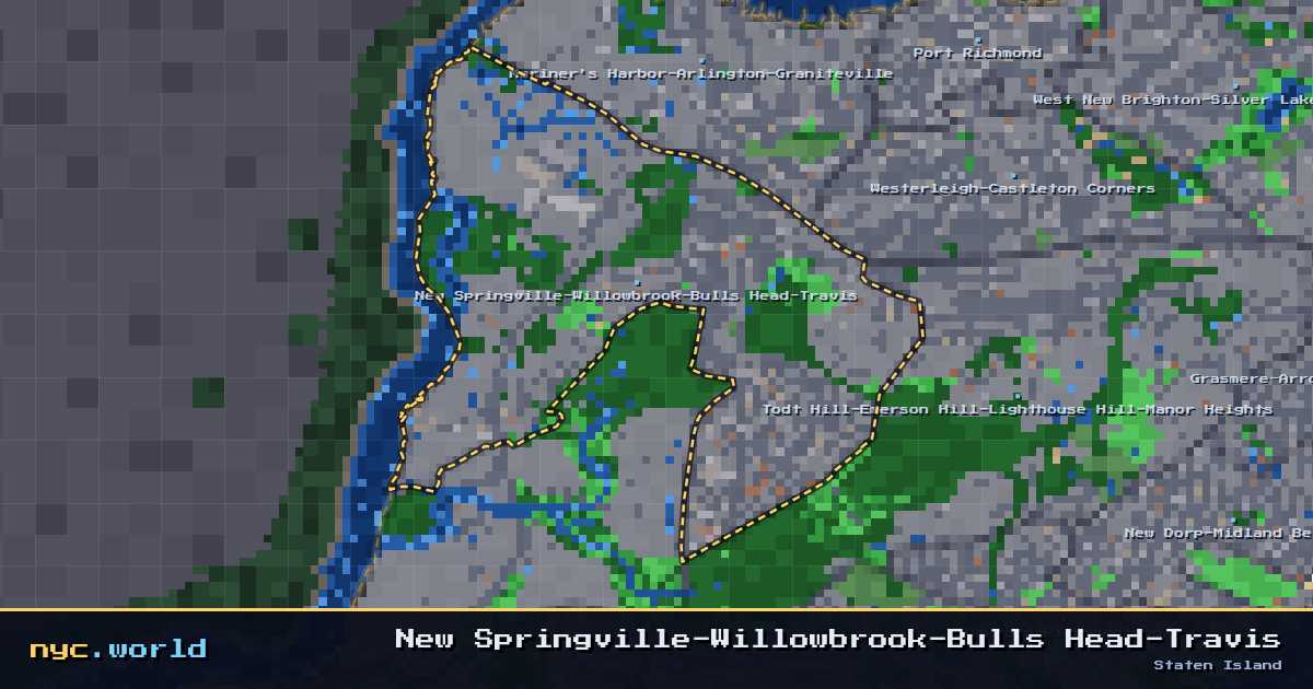 pixel-art map of New Springville-Willowbrook-Bulls Head-Travis, Staten Island on nyc.world